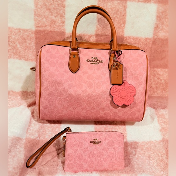 Coach Handbags - Coach Powder Pink & Tan ROWAN LRG satchel +Matching Corner Zip Wristlet Wallet